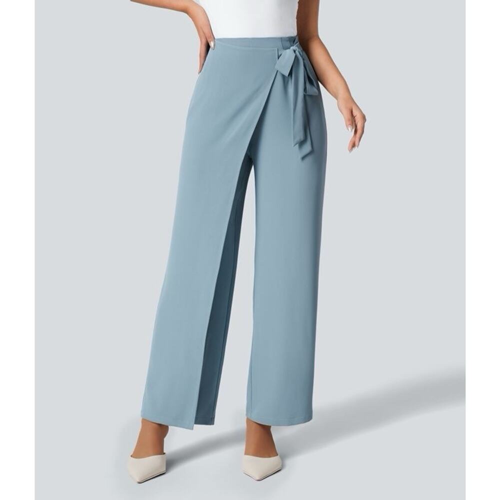 NWT Halara Flex High Waisted Tie Side Wide Leg Work Pants Size M Blue Trousers
